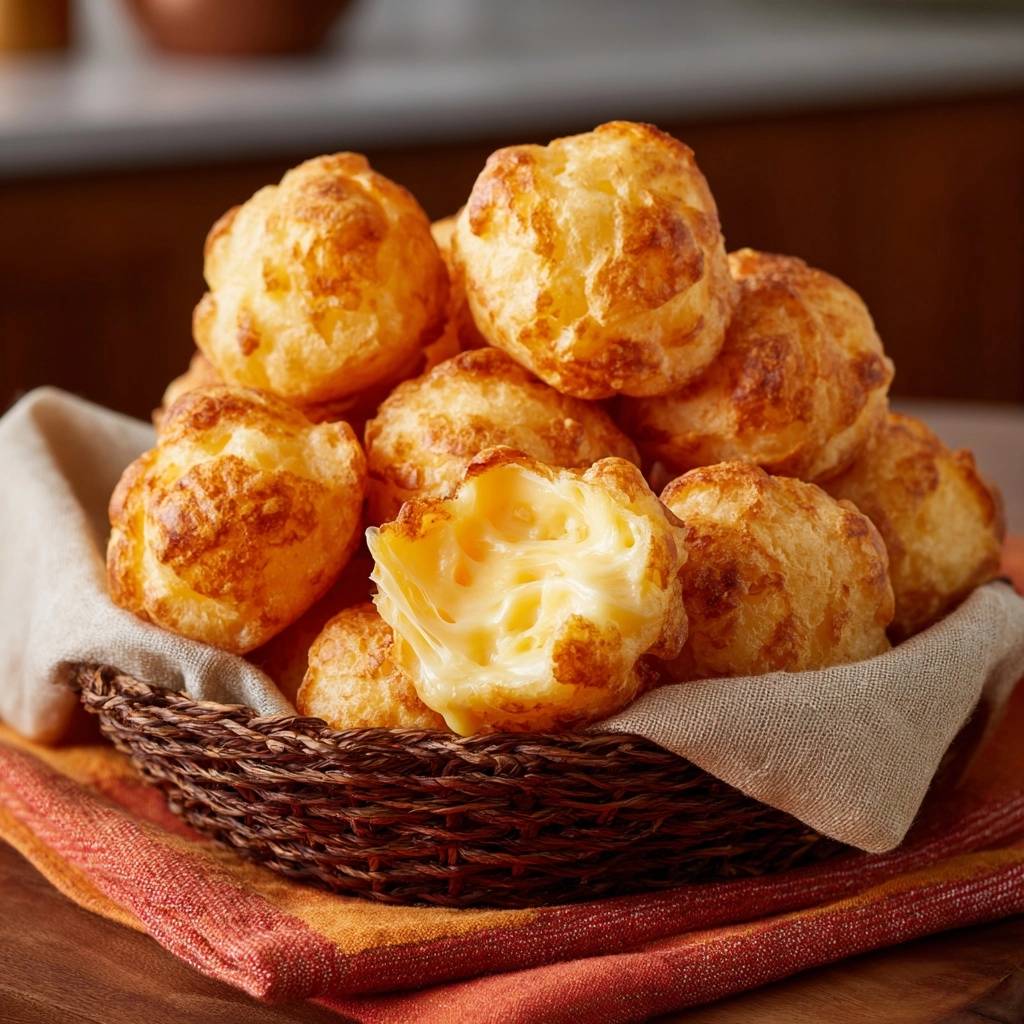 Gooey Brazilian cheese balls showing a cross-section with a melty, cheesy interior.