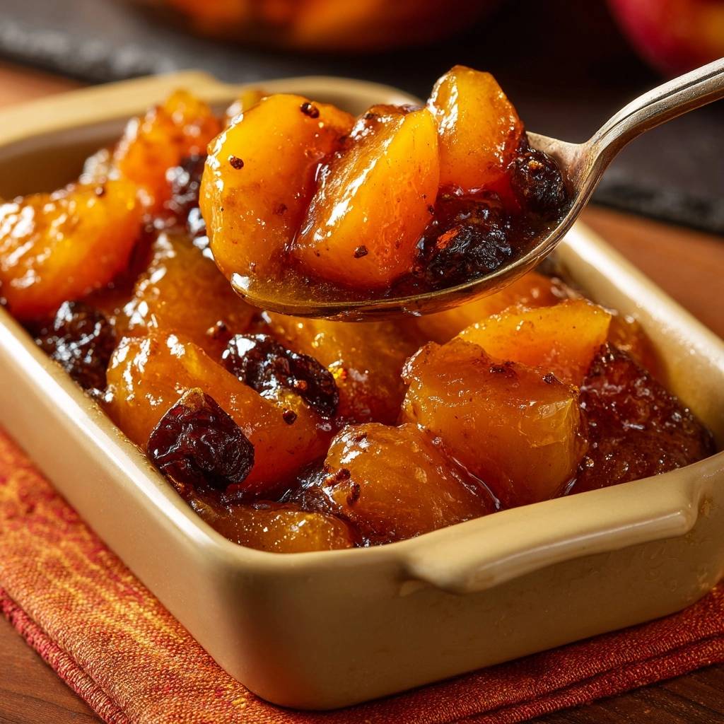 Brown sugar glazed peaches with raisins served in a dish, with a spoonful highlighting the fruit and glaze.