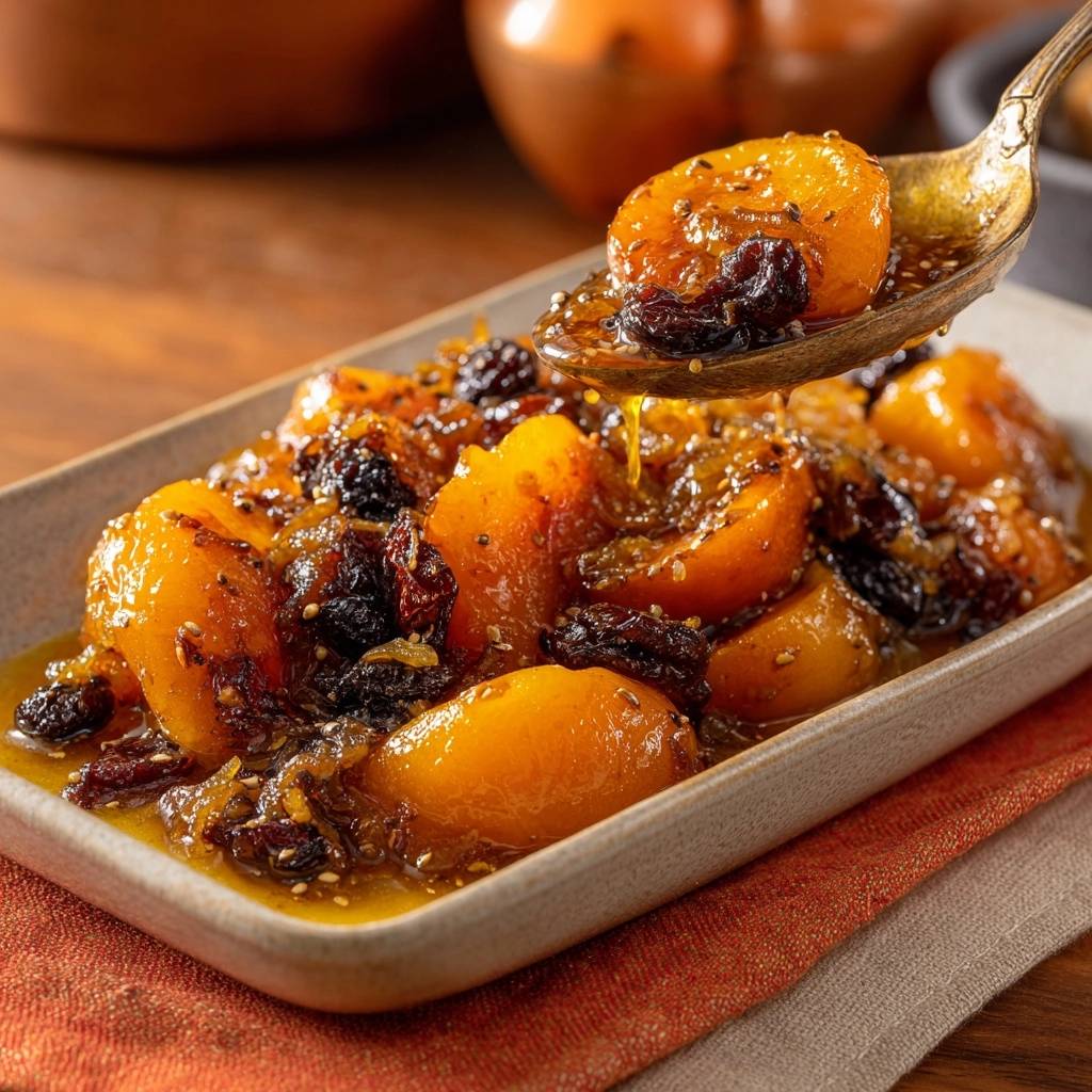 Brown sugar glazed peaches with raisins, with a spoonful drizzling warm glaze over the dish.