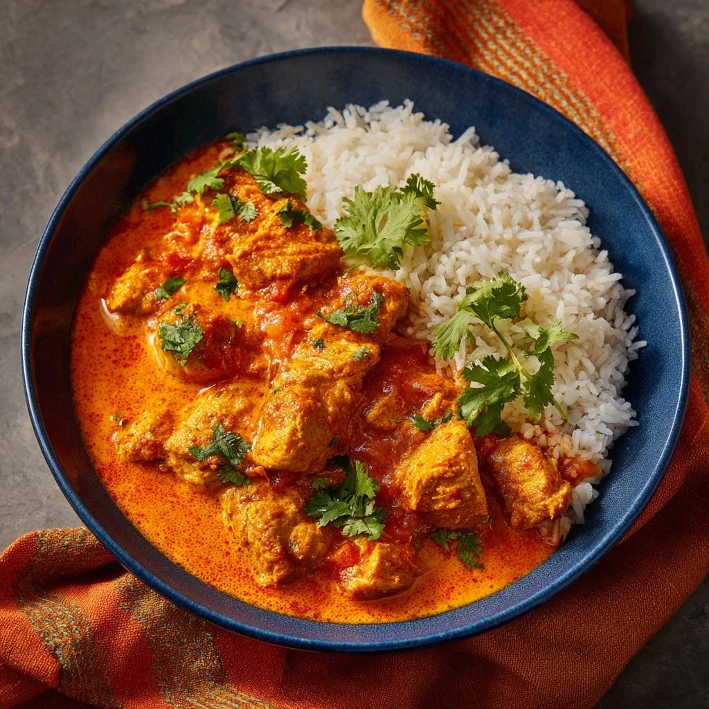 Butter Chicken, a rich and creamy dish, served in a blue bowl with fluffy white rice and fresh cilantro garnish.