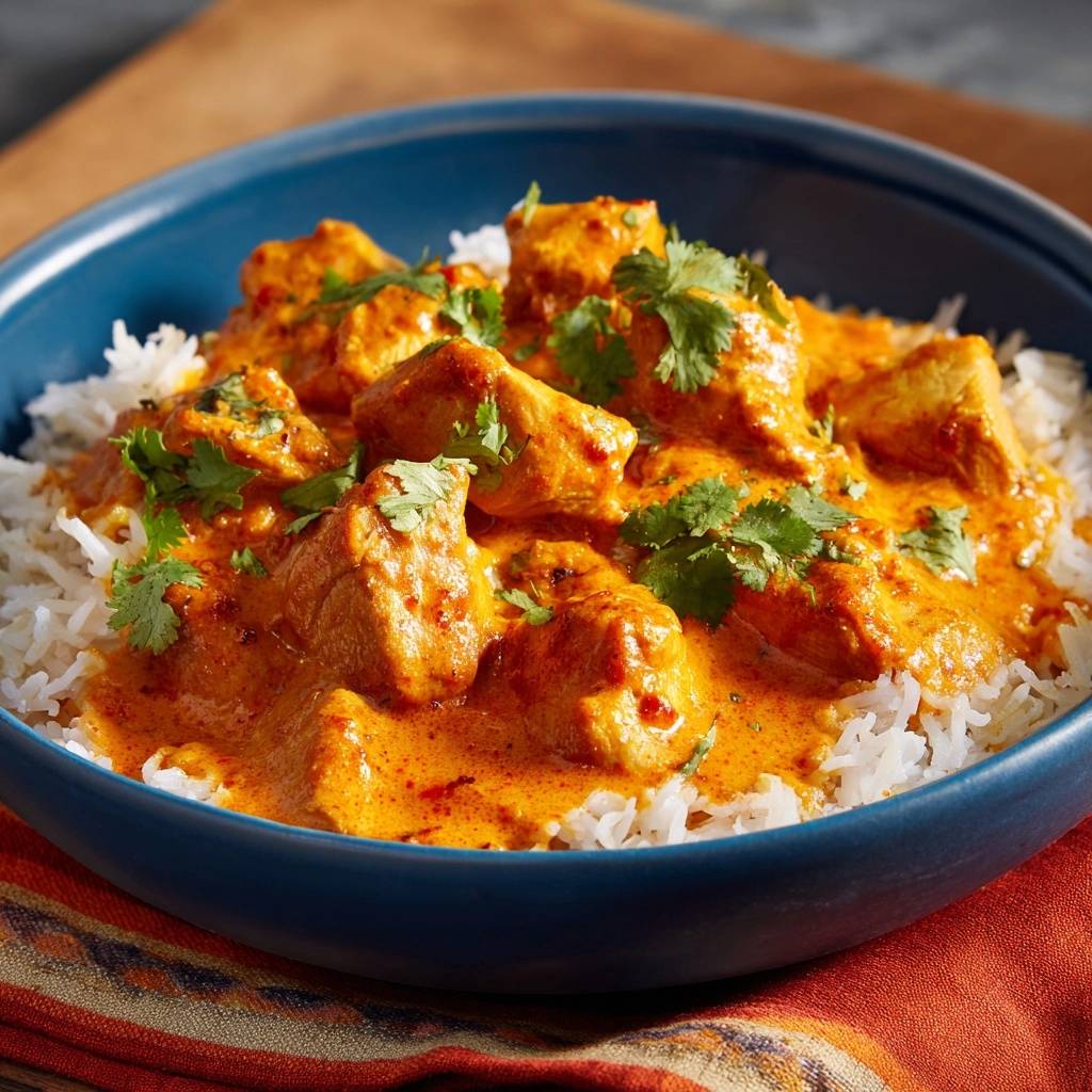 Butter chicken served in a blue bowl over fluffy white rice, garnished with fresh cilantro leaves.