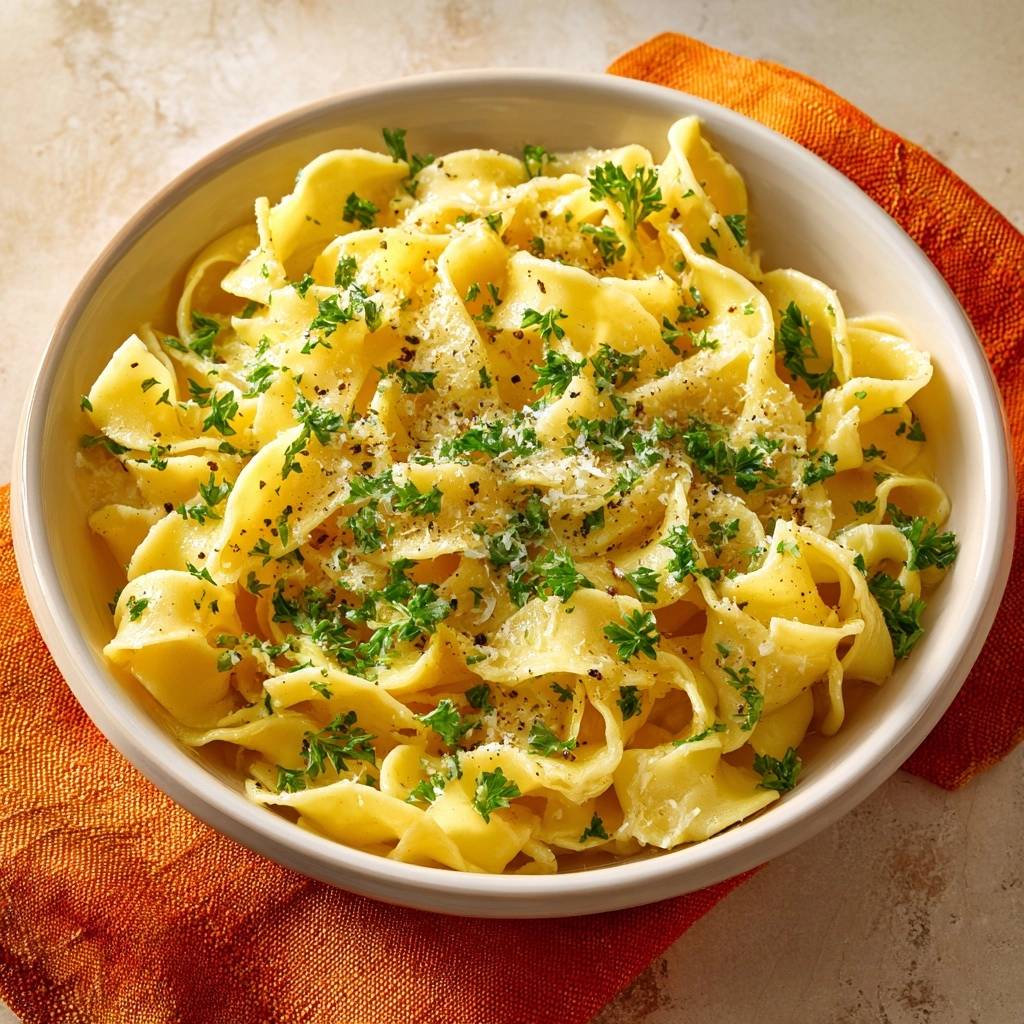 Buttery Parmesan Fettuccine served in a white bowl, generously garnished with fresh parsley and black pepper.