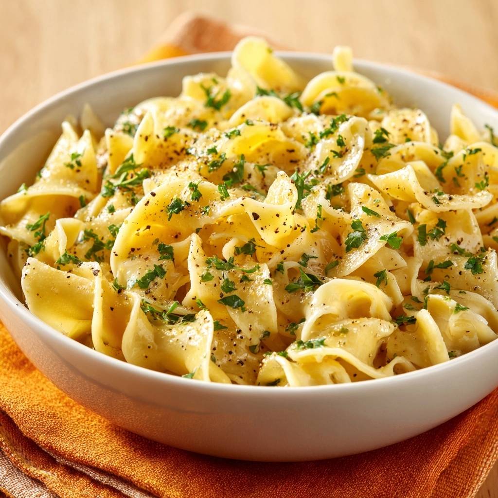 Buttery Parmesan Fettuccine featuring a close-up view with fresh parsley and black pepper garnish.