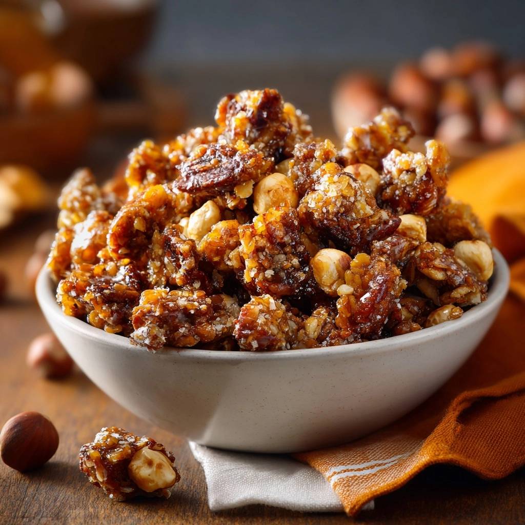 Crunchy candied mixed nuts in a white bowl, showcasing hazelnuts and crystallized texture up close.