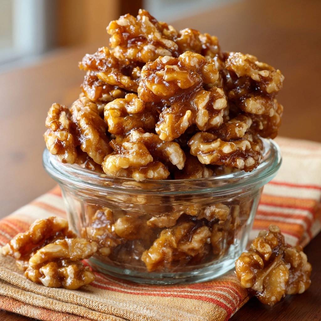 Crunchy candied walnuts clump-free piled high in a clear bowl, showing a glossy glaze detail.