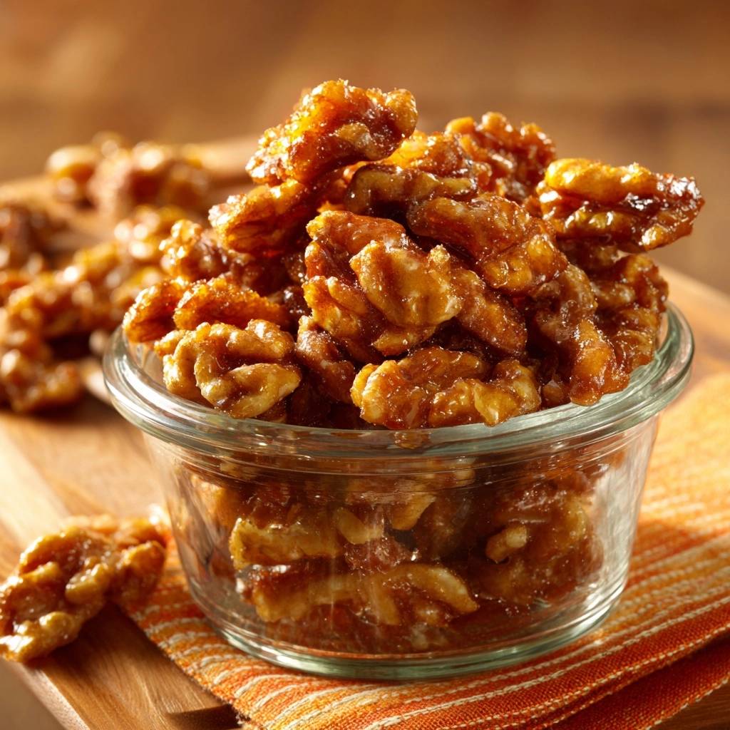 Crunchy candied walnuts shown clump-free in a clear glass bowl with an orange napkin.