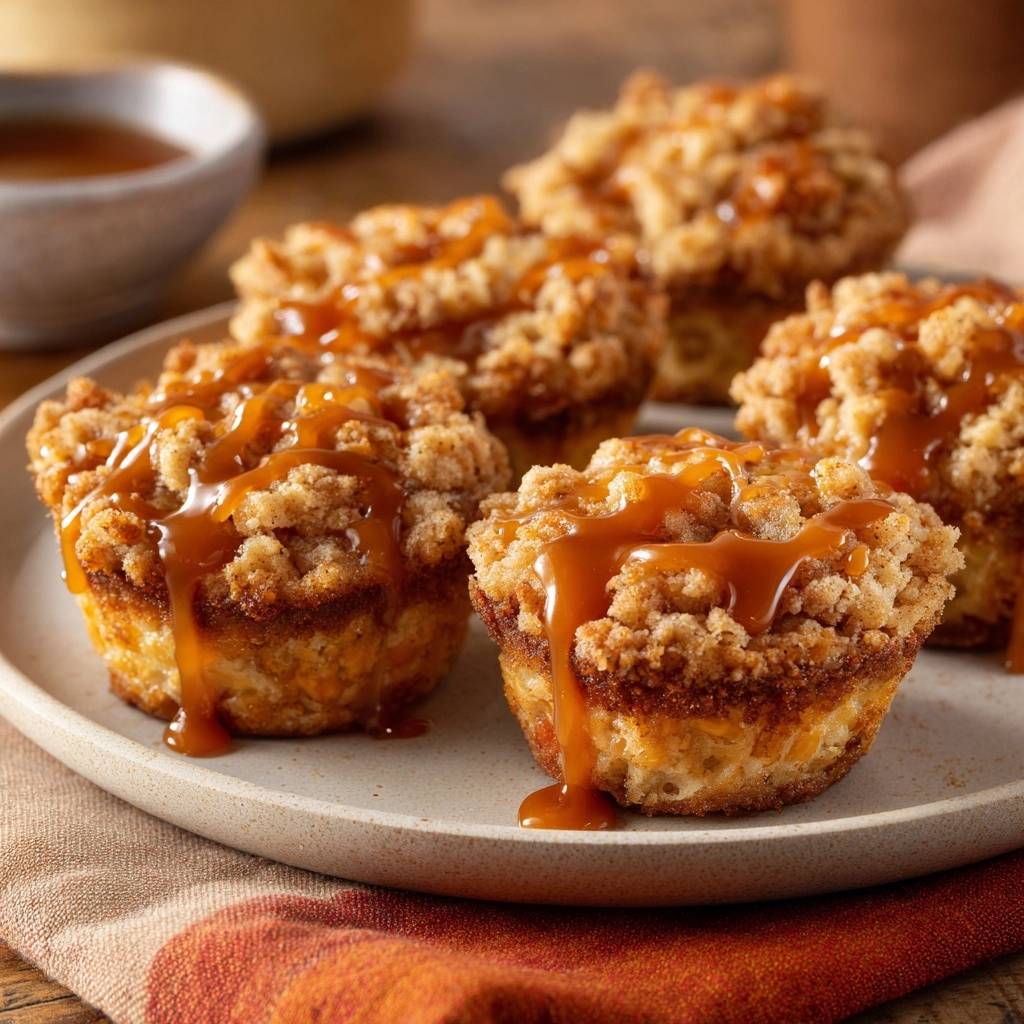 Caramel apple crumb muffins recipe featuring a close-up view with rich caramel sauce drizzled over the top.
