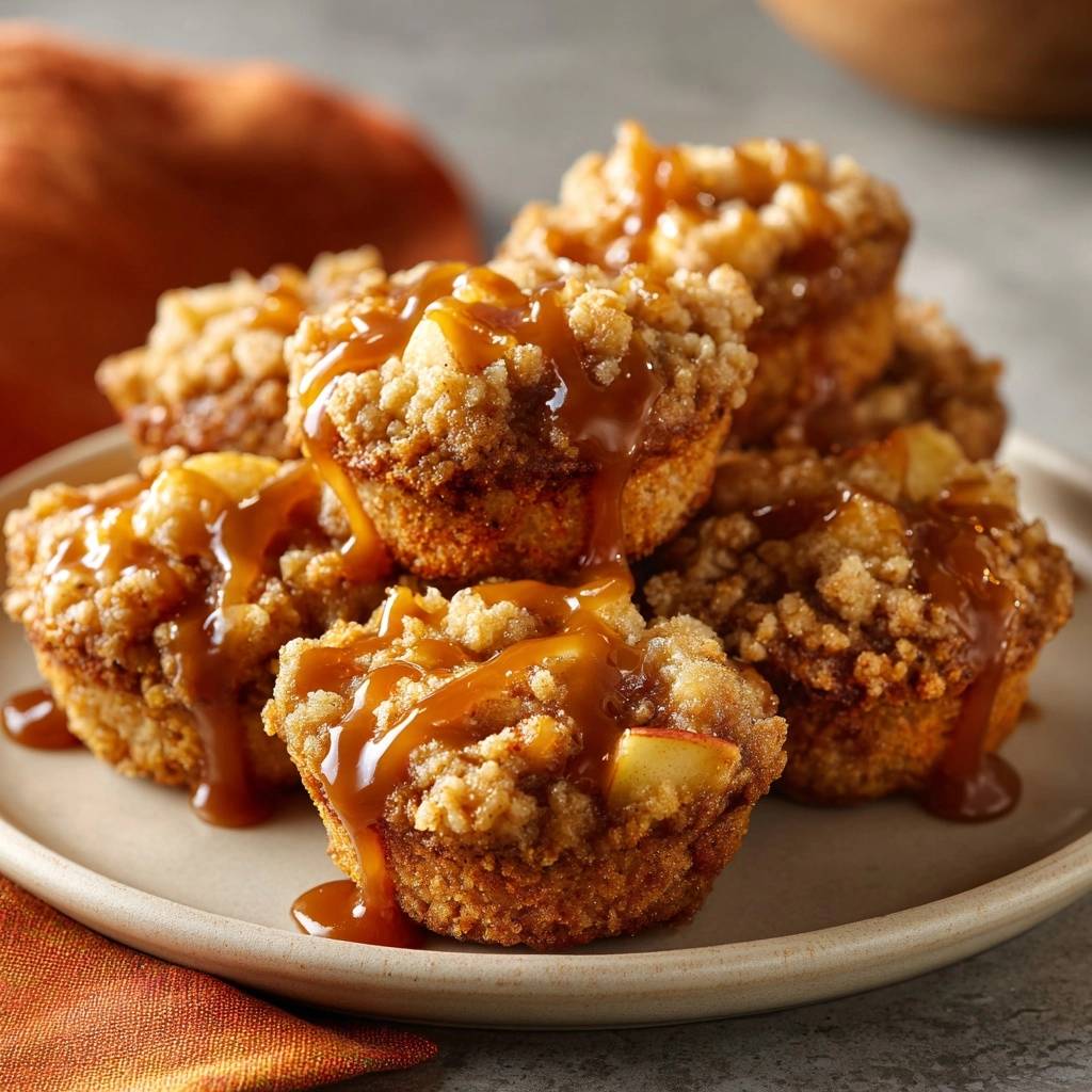 Caramel apple crumb muffins generously drizzled with rich caramel sauce on a light-colored plate.