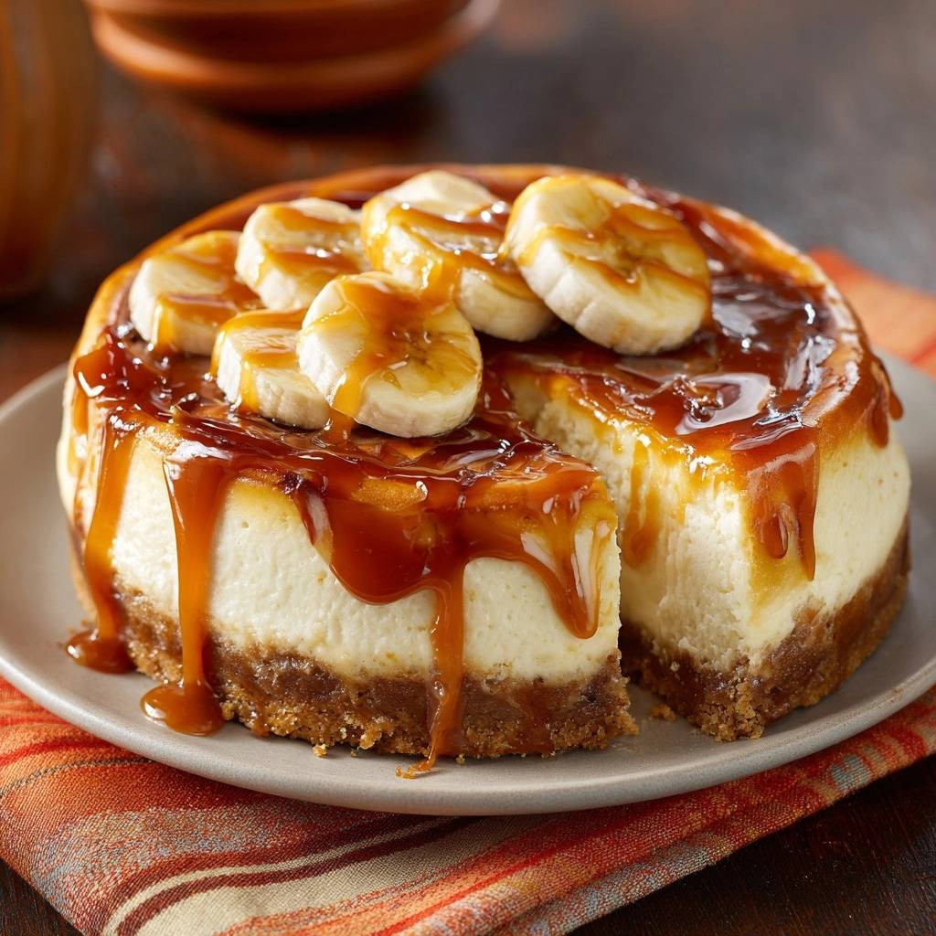 Caramel banana cheesecake with a slice removed, showing the creamy interior and rich caramel drizzle.