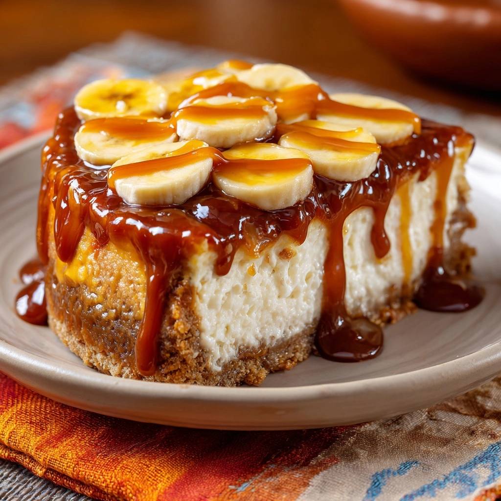 Caramel banana cheesecake, a plated slice generously drizzled with caramel sauce and topped with banana slices.