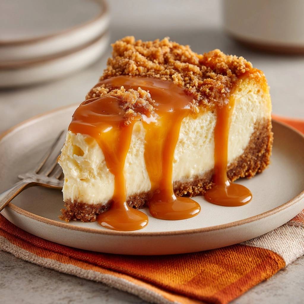 Caramel streusel cheesecake slice generously drizzled with thick caramel sauce on a plate.