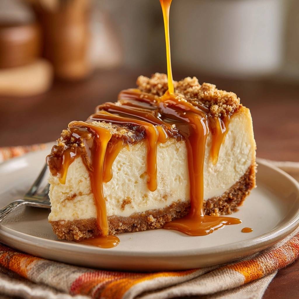 Caramel streusel cheesecake slice with thick caramel sauce being drizzled over the top.