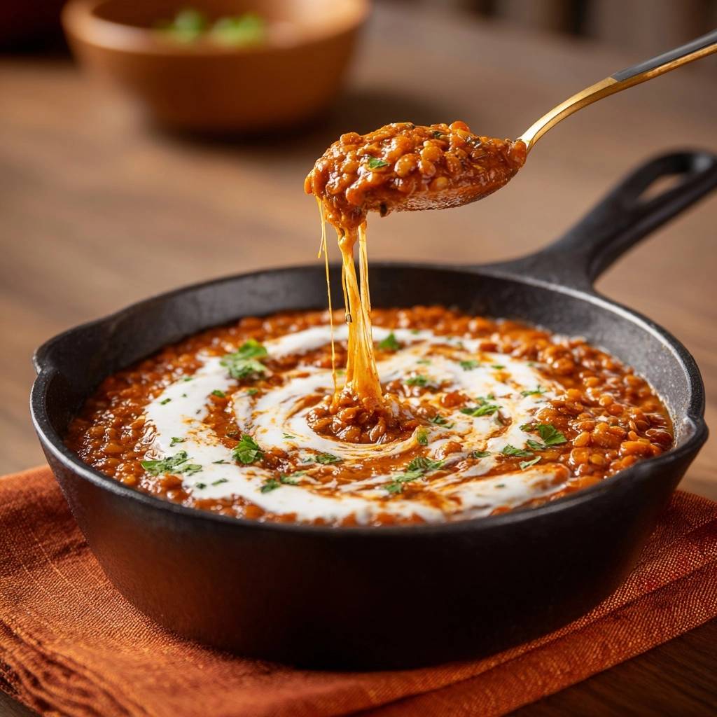 Cast iron creamy dal with a cheese pull stretching from a spoon into the skillet.