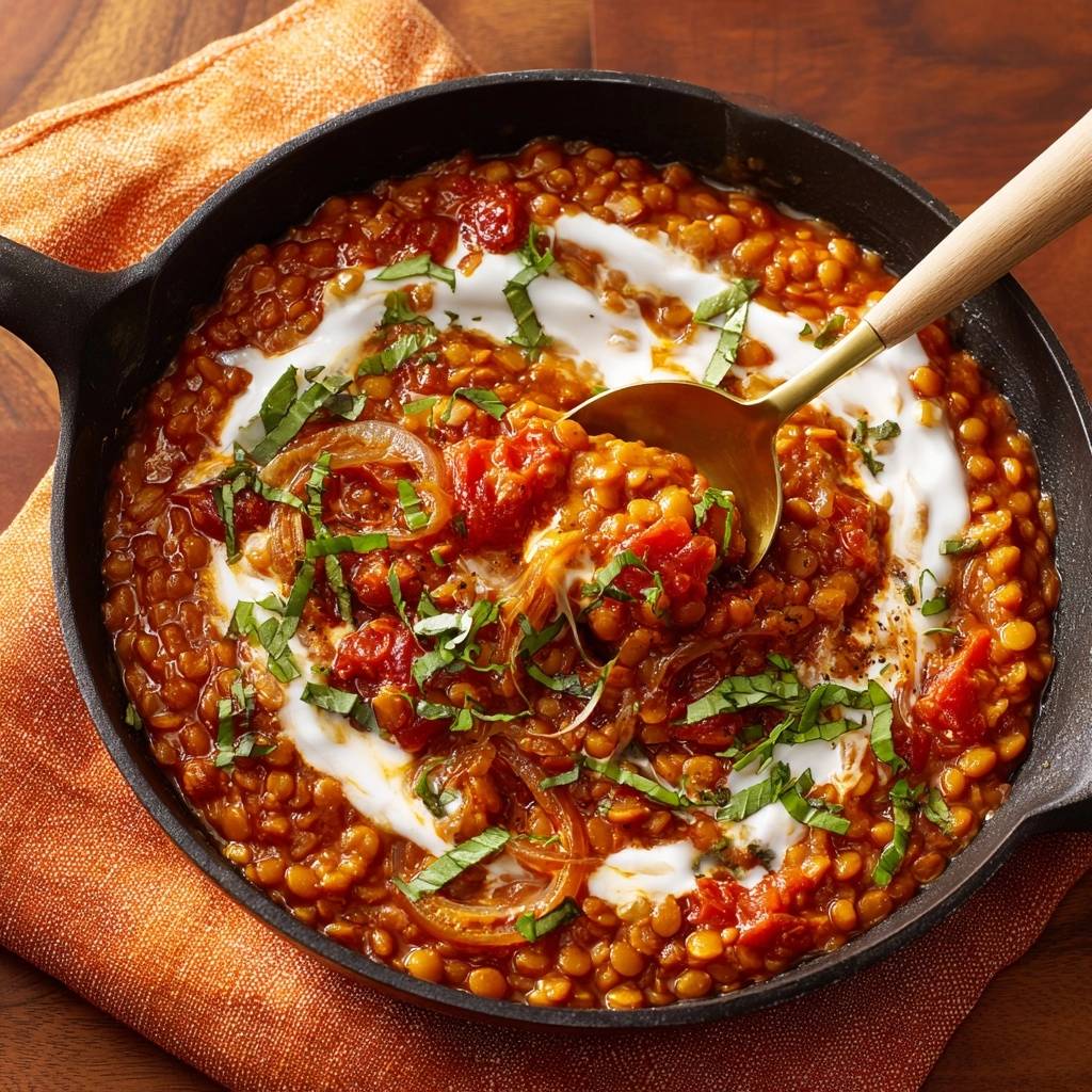 Cast iron creamy dal with a spoonful being lifted, showing creamy texture and fresh garnish.