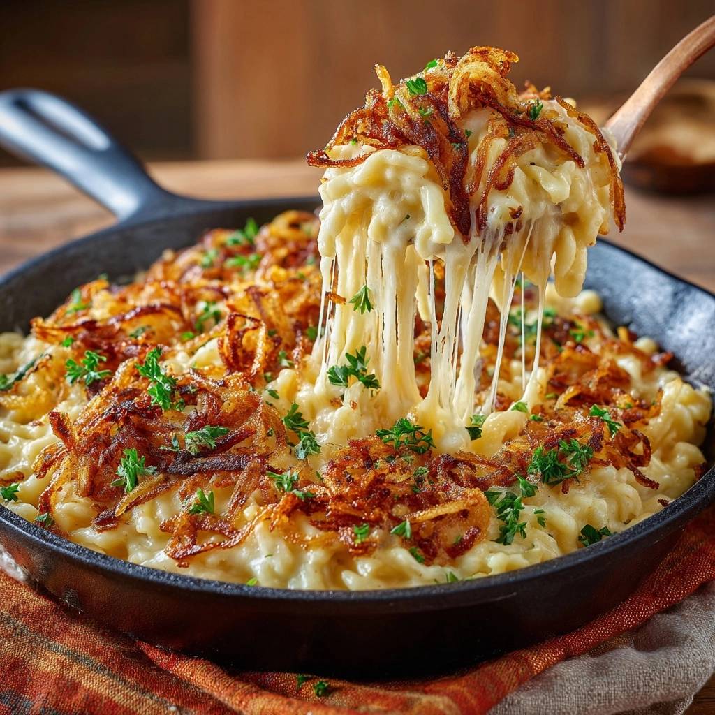 Cast-iron skillet mac and cheese with a spoonful of cheesy pasta showing a distinct cheese pull and crispy fried onions.