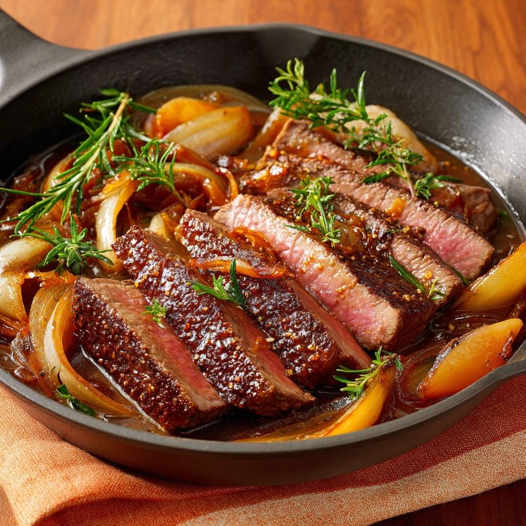 Cast iron ribeye with rosemary pearl onions, sliced and served in a cast iron pan with a glossy sauce.