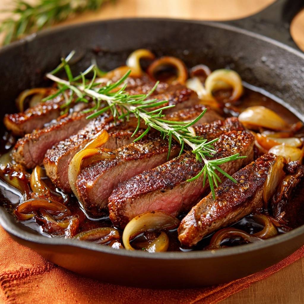 Cast iron ribeye with rosemary pearl onions, sliced and served in a cast iron pan with a close-up view.