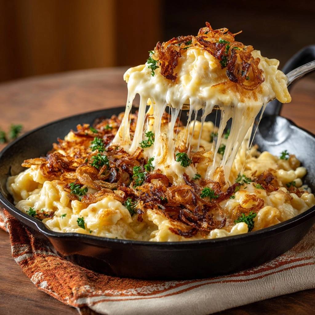 Cast-iron skillet mac and cheese with a gooey cheese pull, topped with crispy fried onions and parsley.