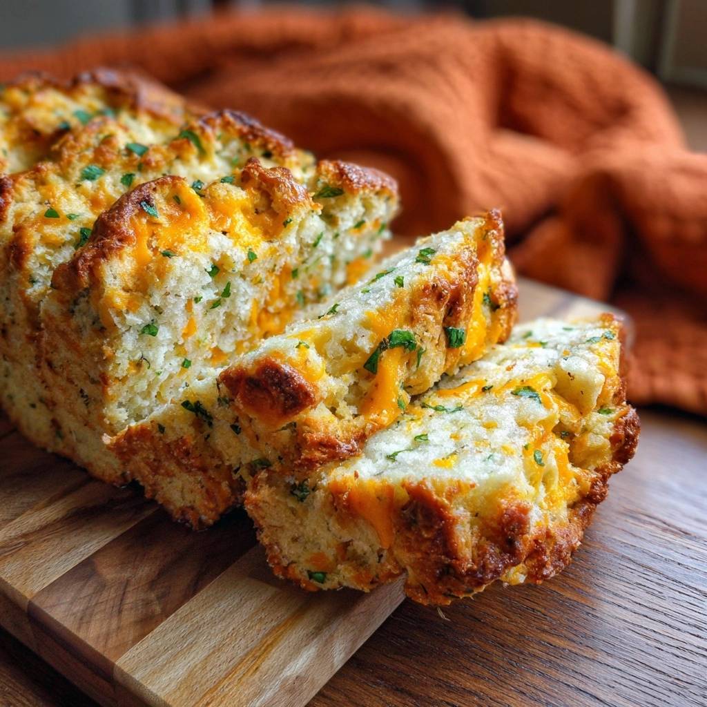 Cheddar herb bread, a close-up of a sliced loaf revealing its cheesy interior and fresh parsley.
