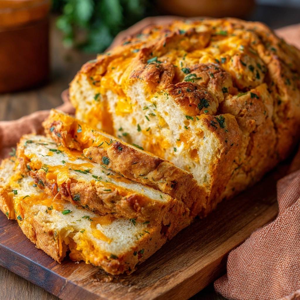 Cheddar herb bread shown as a sliced cross-section with melted cheese and herbs visible.