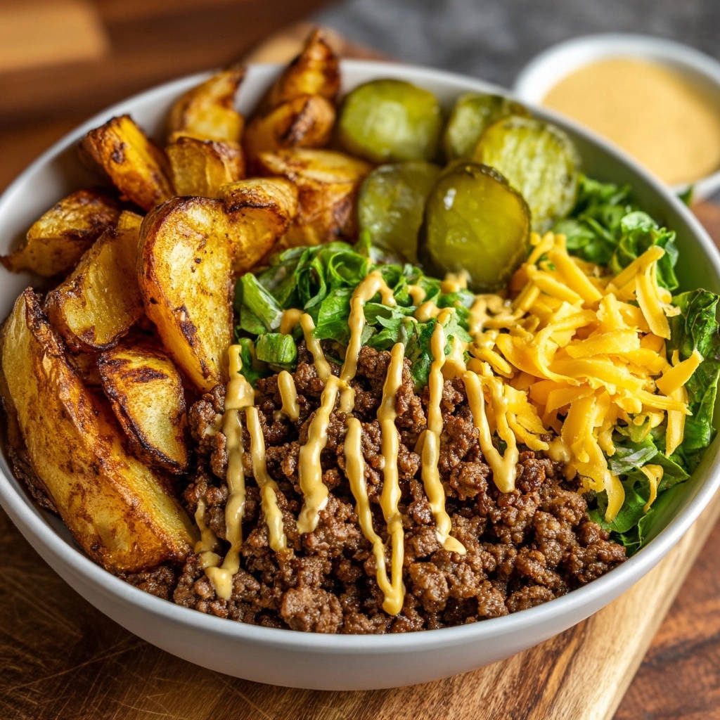 Diner-style cheeseburger bowl with moist beef, potatoes, pickles, lettuce, and cheese, drizzled with sauce.