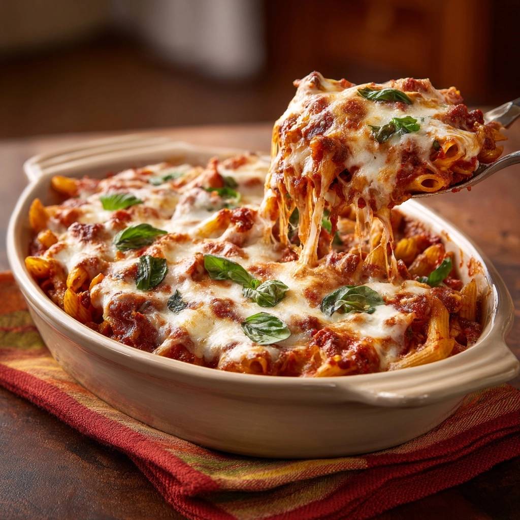 Cheesy baked penne with a generous cheese pull, showcasing the melted mozzarella topping and fresh basil garnish.