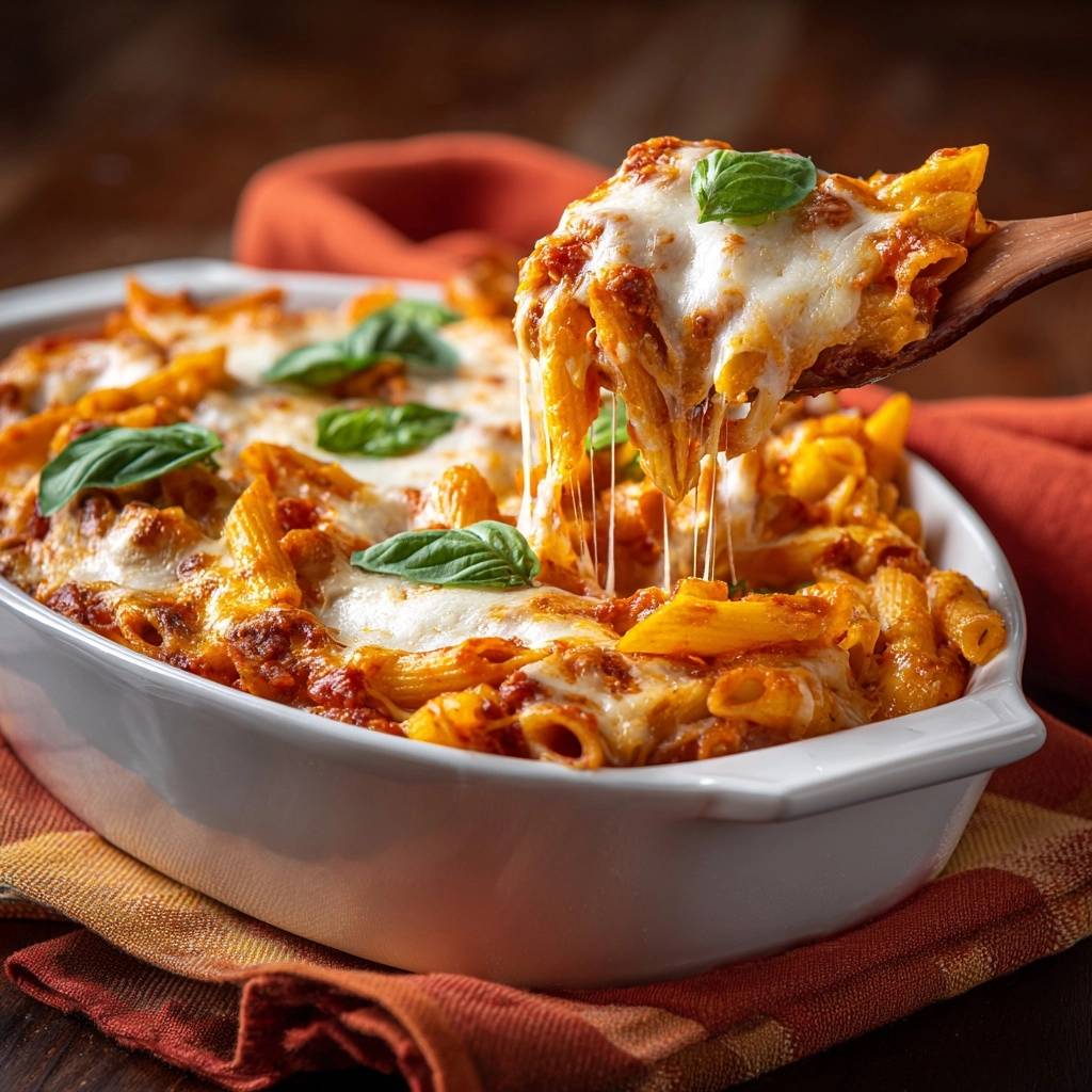 Cheesy baked penne with a gooey cheese pull, showcasing the moisture-lock technique in a white baking dish.