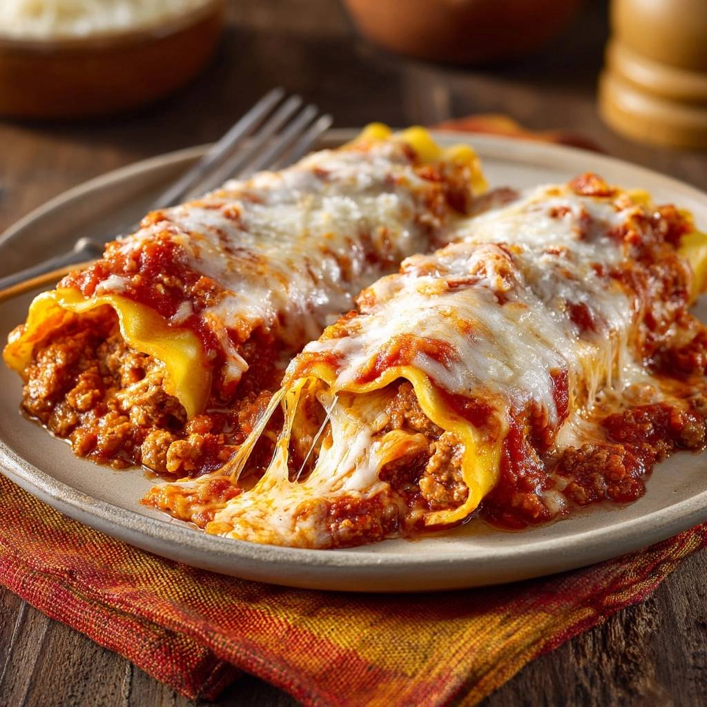 Cheesy beef manicotti with a generous amount of melted mozzarella cheese being pulled apart on a plate.