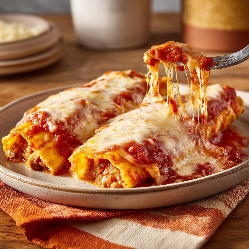 Cheesy beef manicotti with a fork pulling up melty mozzarella cheese on a plate.