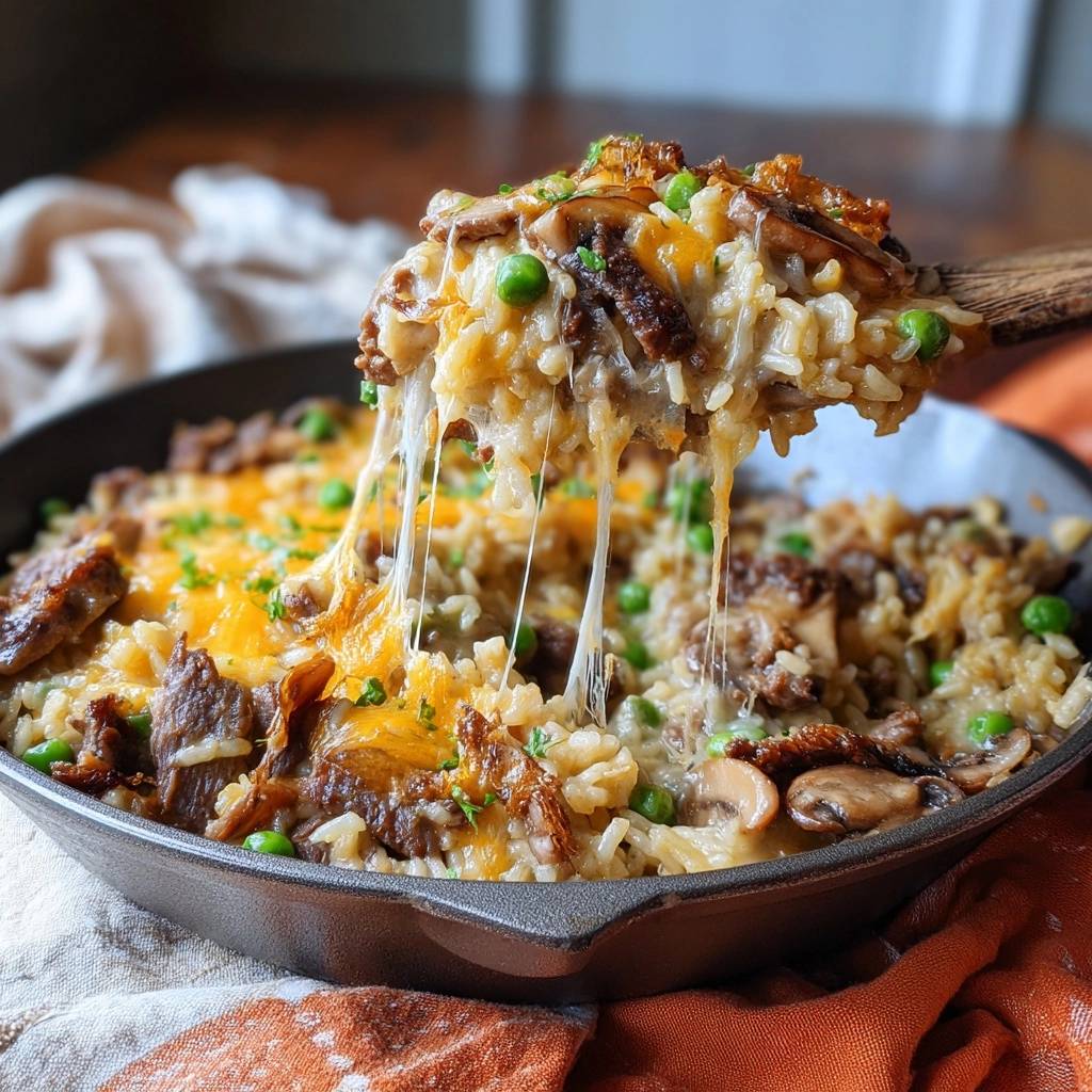 Cheesy beef mushroom rice skillet with the cheese stretching from a spoonful, showing fluffy rice and beef pieces.