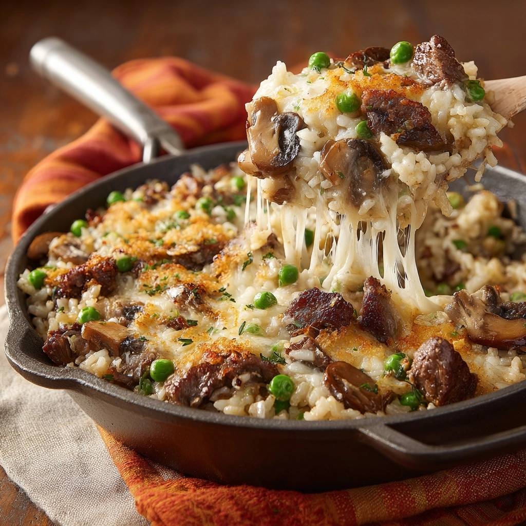 Cheesy beef mushroom rice skillet with melted cheese stretching from a wooden spoon scoop.