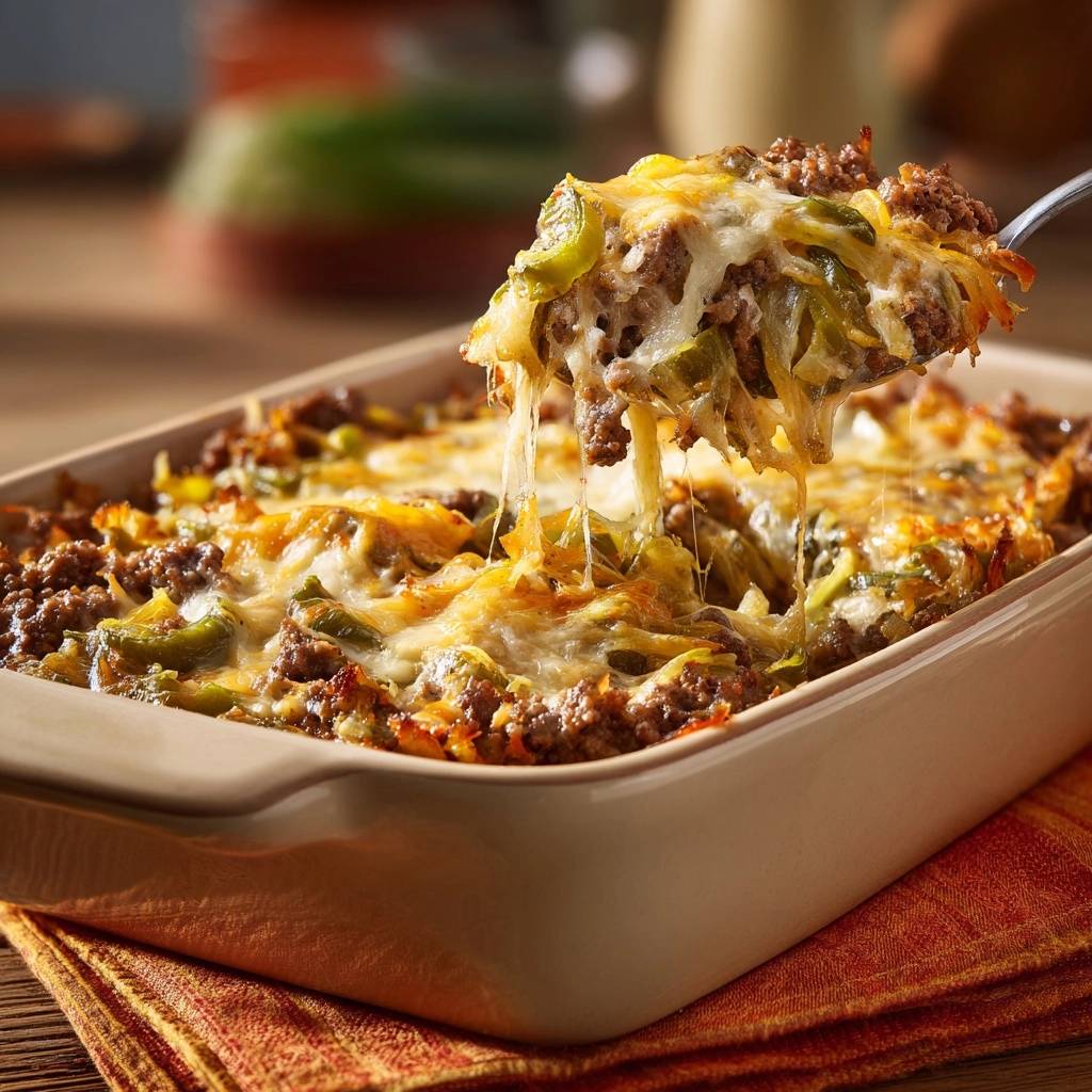 Cheesy beef pepper sauerkraut casserole being scooped, showing melted cheese and savory ingredients.