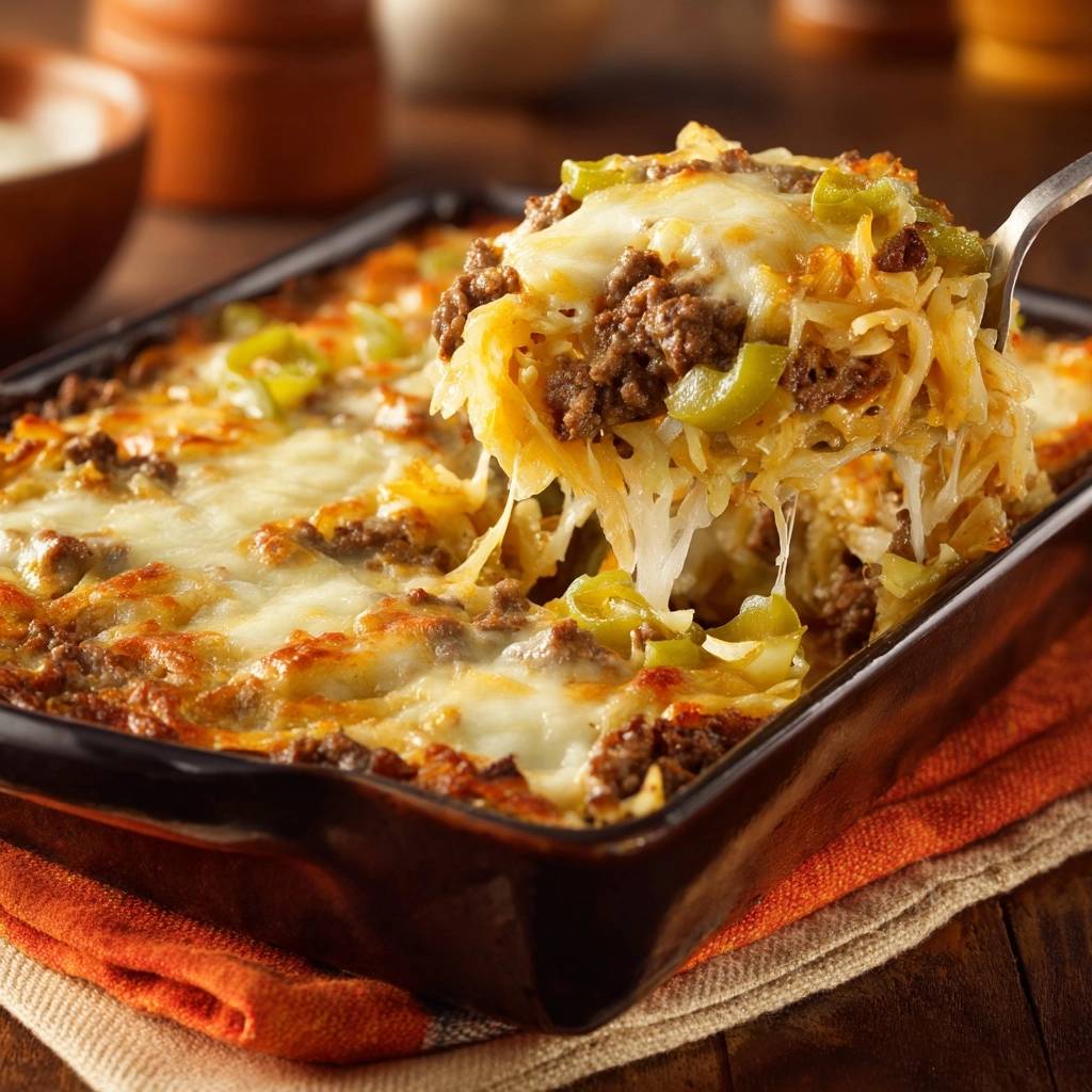 Cheesy beef pepper sauerkraut casserole recipe with a serving being lifted, showing melted cheese and layers of ingredients.