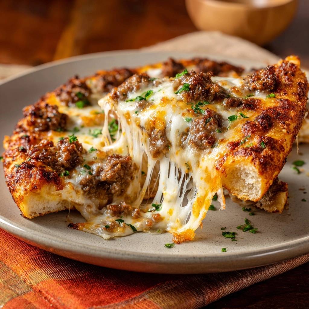 Cheesy beef pizza with a close-up showing a generous cheese pull from a slice on a plate.