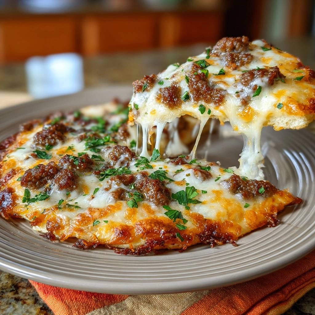 Cheesy beef pizza with a slice being pulled up, showing a generous amount of melted cheese.