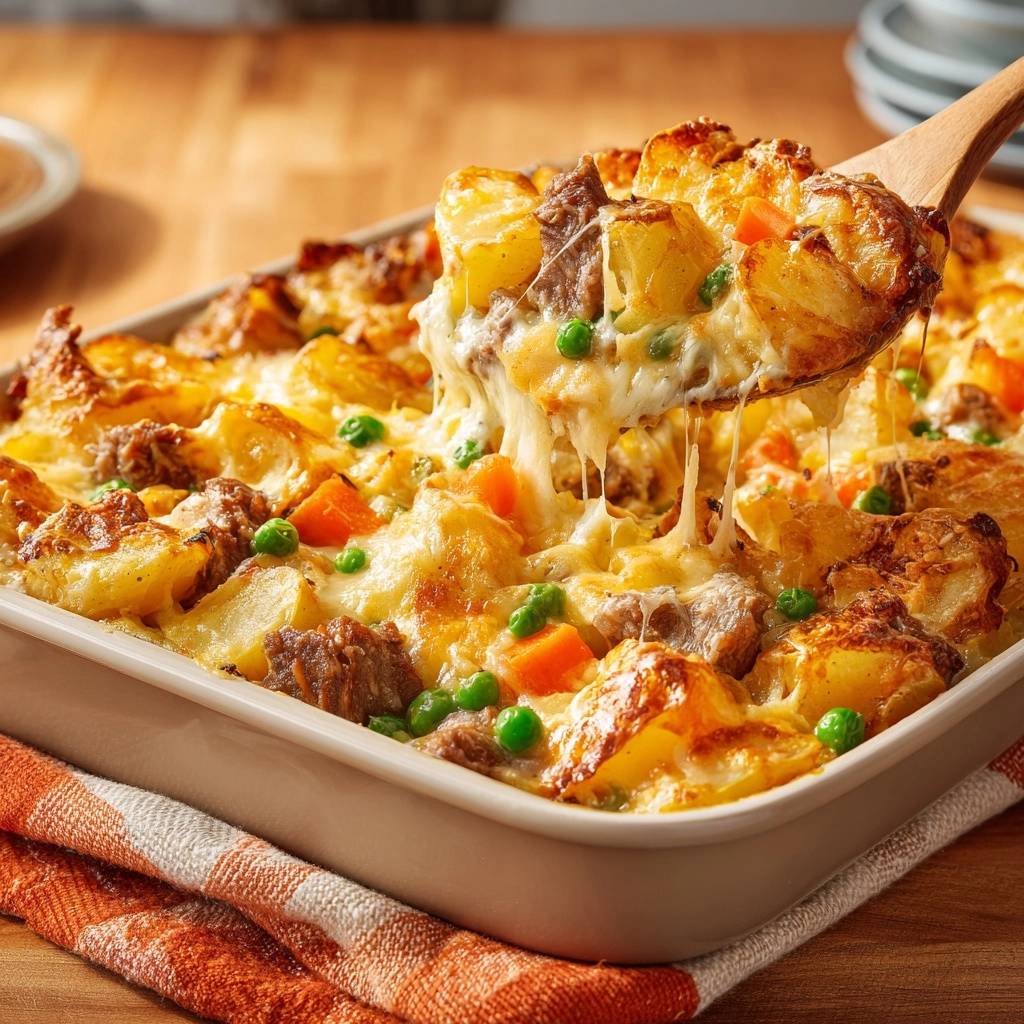 Cheesy beef potato casserole being scooped from a baking dish, showing melted cheese and tender ingredients.