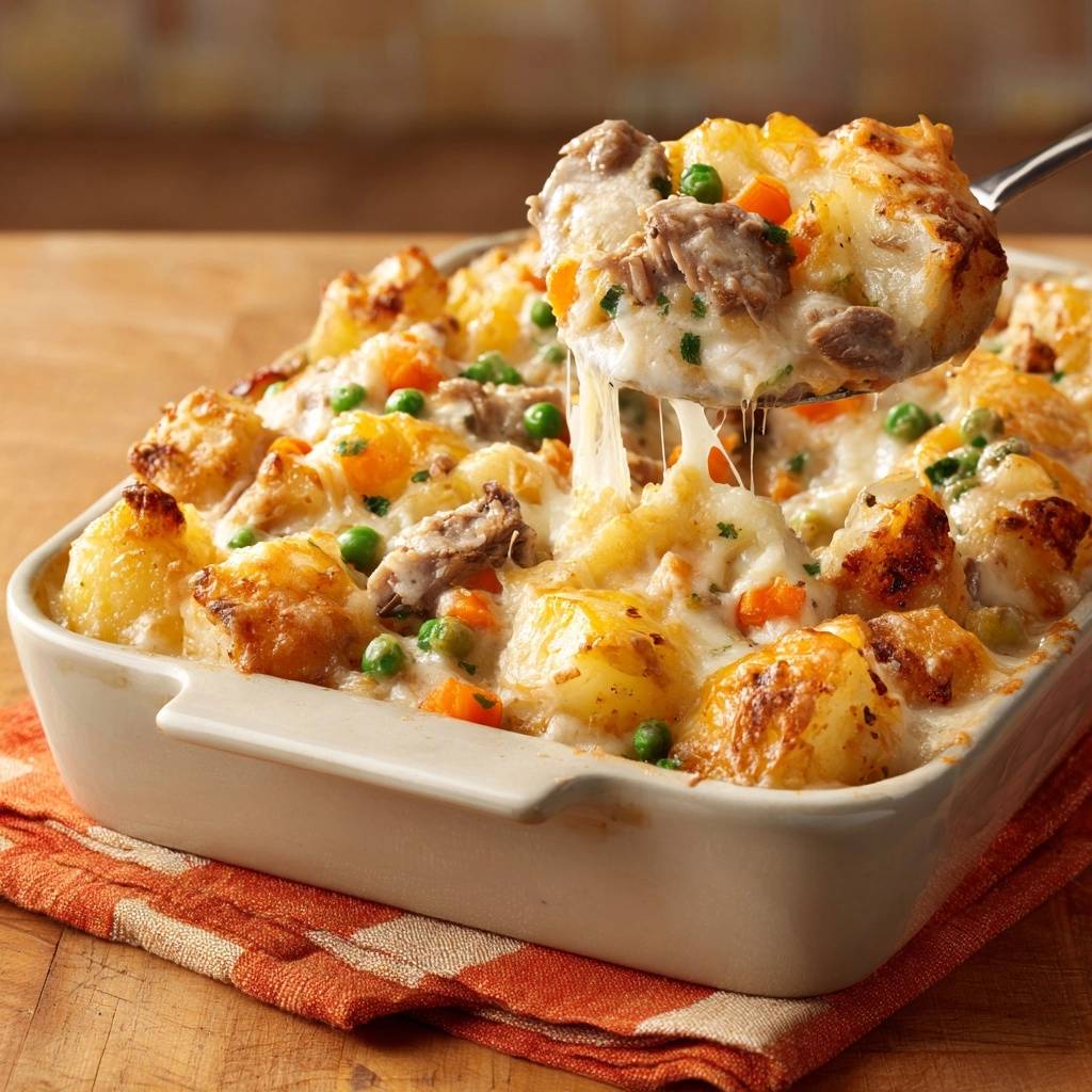 Cheesy beef potato casserole with a spoonful being lifted, showing melted cheese stretching.