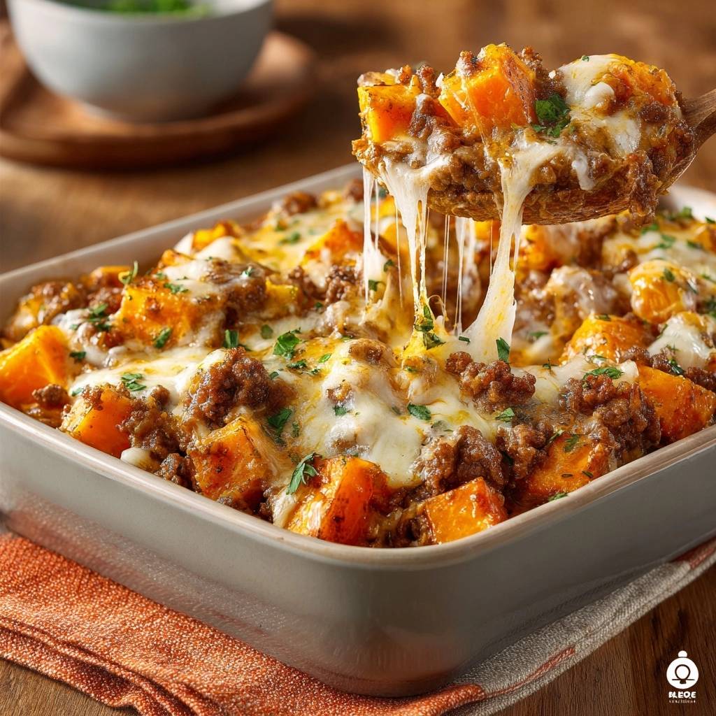 Cheesy beef sweet potato bake with a spoonful showing a delicious cheesy pull, ready to serve.