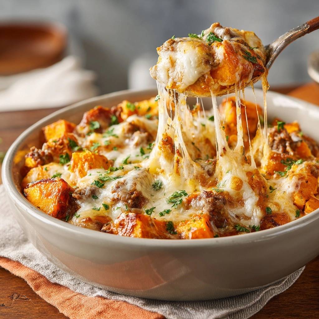 Cheesy beef sweet potato bake with a spoonful lifting out, showing melted cheese strings.