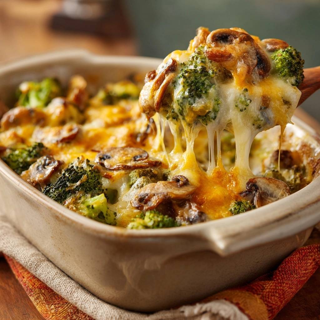 Cheesy broccoli mushroom casserole being lifted with a wooden spoon, showing a gooey cheese pull.
