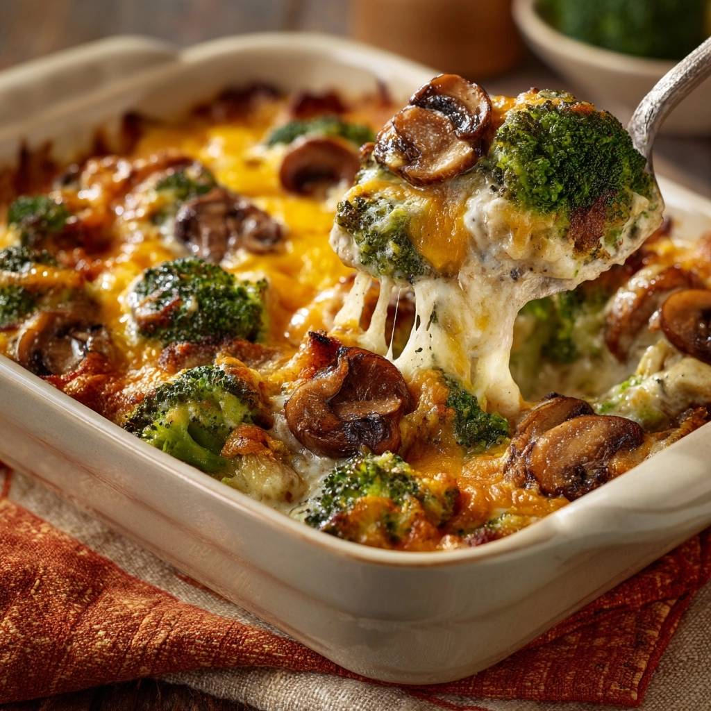 Cheesy broccoli mushroom casserole being lifted with a spoon, showing a gooey cheese pull.