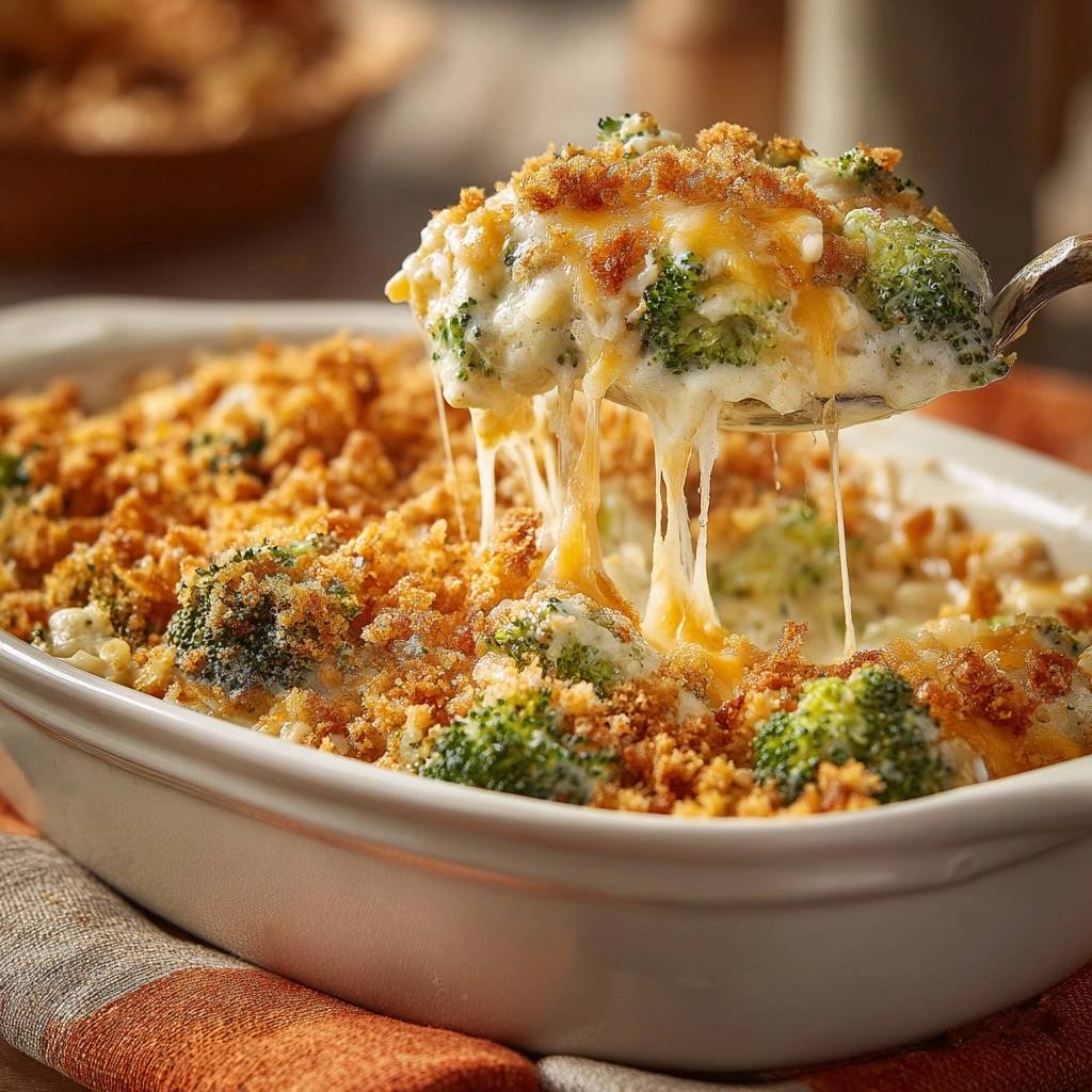 Cheesy broccoli rice casserole with a scoop showing a generous cheese pull and crispy breadcrumb topping.