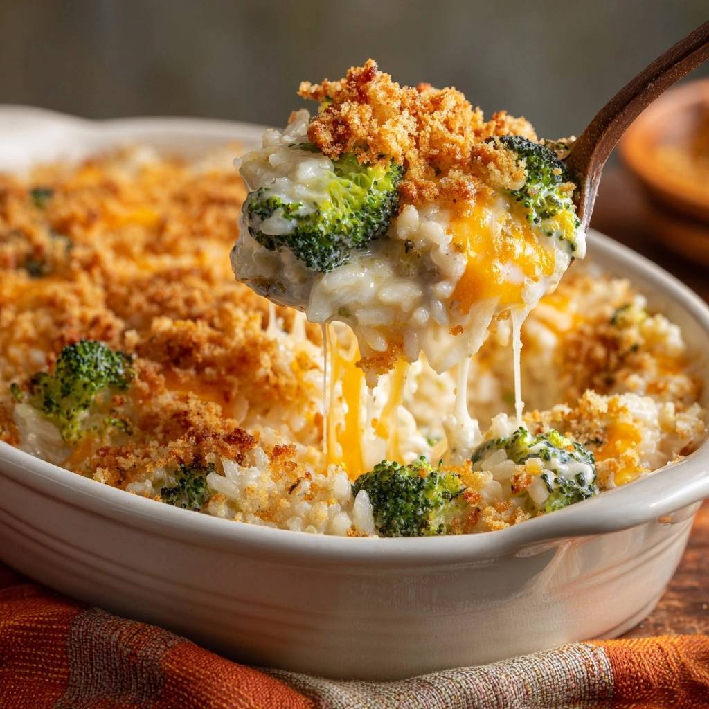 Cheesy broccoli rice casserole with a spoonful of gooey cheese being lifted from the dish, showing a crispy topping.