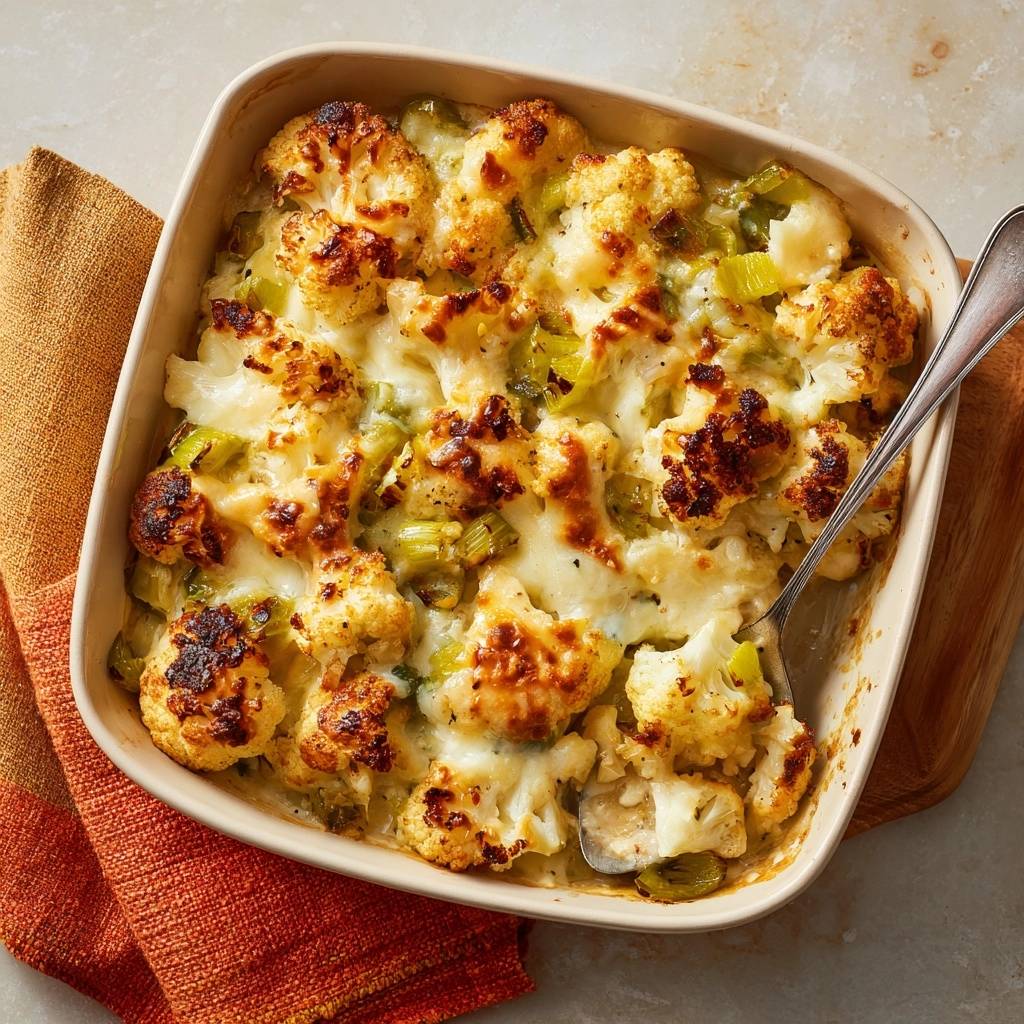 Cheesy cauliflower bake with golden-brown edges and melted cheese filling, served in a baking dish.
