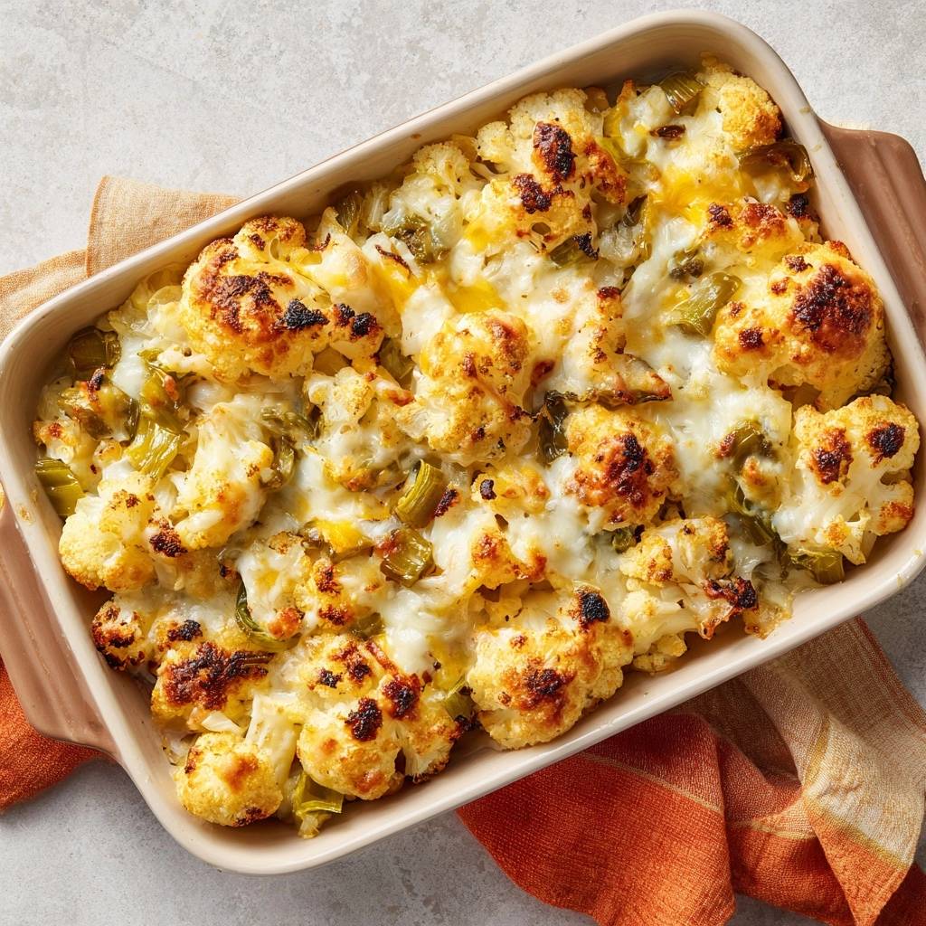 Cheesy cauliflower bake with roasted edges and melted cheese, shown from an overhead perspective.