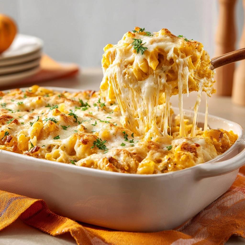 Cheesy corn casserole with a generous serving being lifted, showing a delicious gooey cheese pull and fresh parsley garnish.
