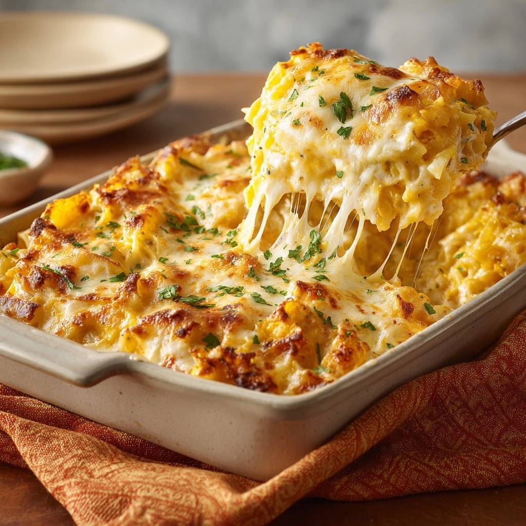 Cheesy corn casserole with a gooey cheese pull being lifted from the dish, garnished with parsley.