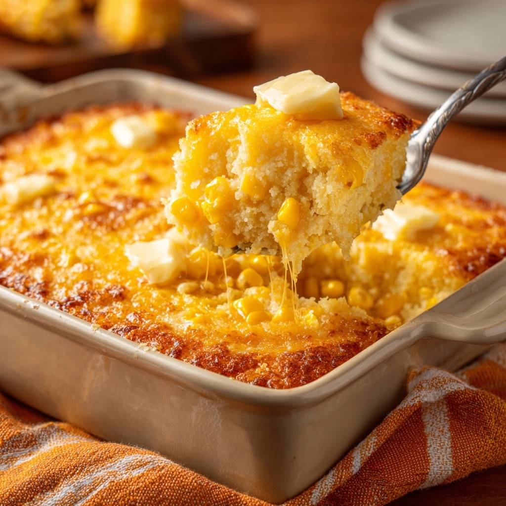 Cheesy corn casserole, a spoonful lifts to reveal gooey cheese and melting butter on top.