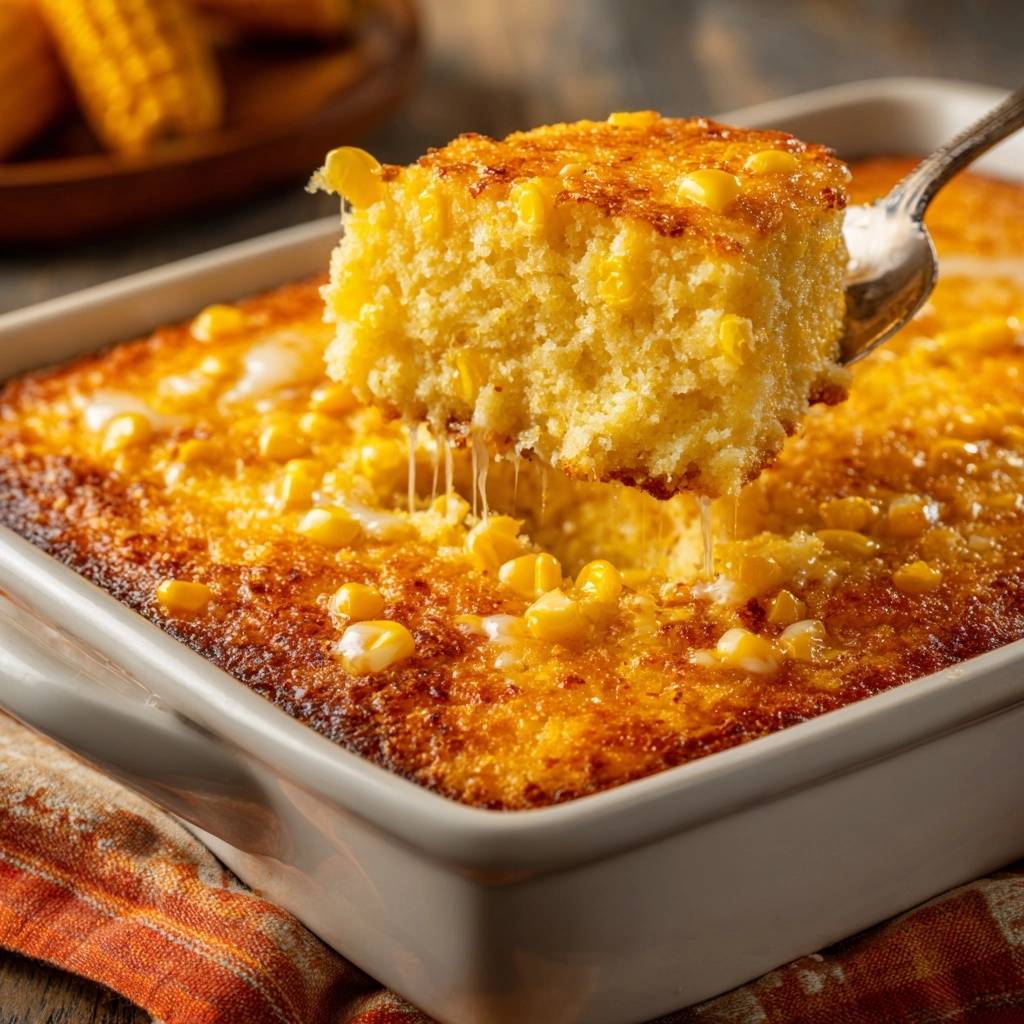 Cheesy corn casserole, a spoonful being lifted revealing gooey cheese and a custardy interior.