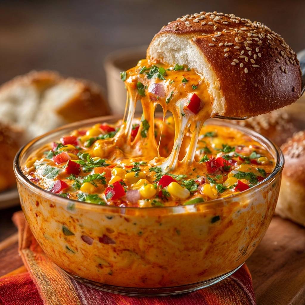 Cheesy corn dip with pretzel bun cheese pull, featuring melted cheese stretching from a bun into the warm, colorful dip.